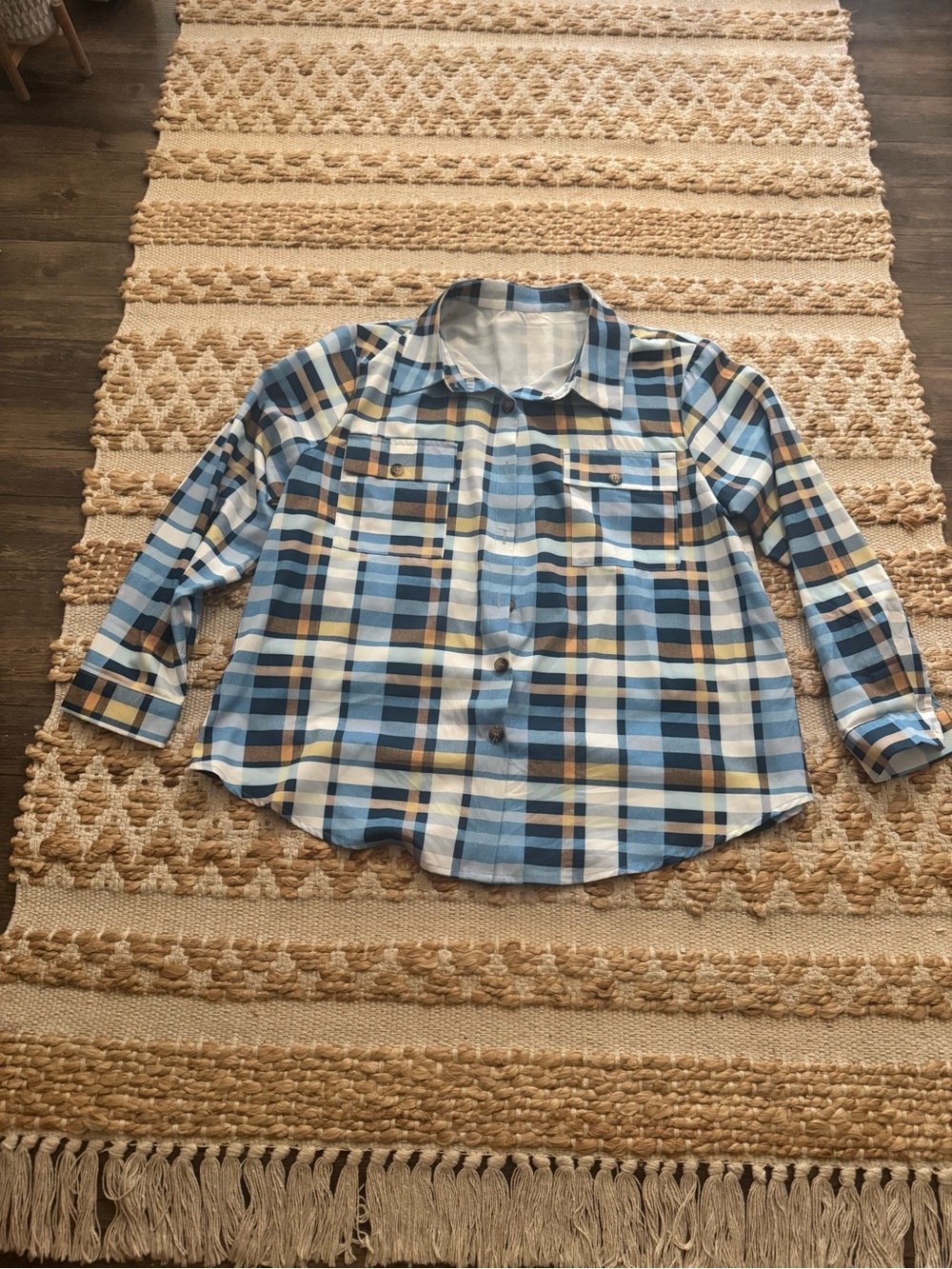 SHEIN Blue Plaid Button Down Shirt with Tan and White Accents